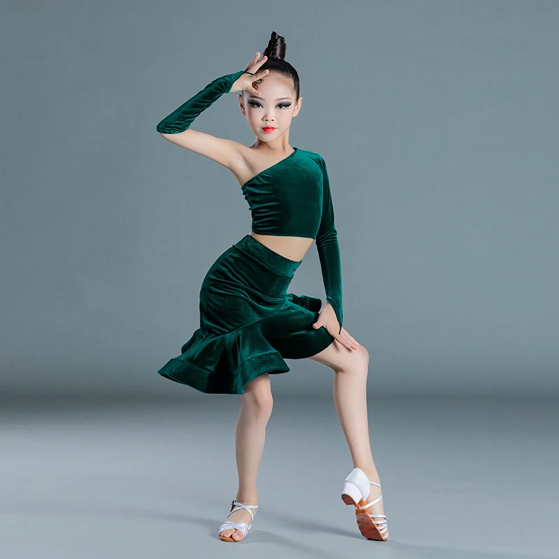 Girls Velvet Split Suit Latin Top Mermaid Skirts Ballroom Competition Prom Dress Latin Dancing Costume
