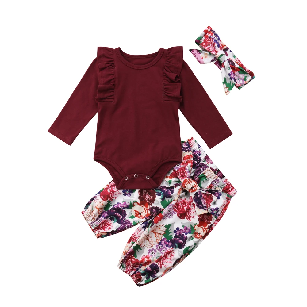 Одежда для новорожденных девочек; комбинезон; топы; штаны с цветочным рисунком; брюки; комплект детской одежды для детей от 0 до 18 месяцев