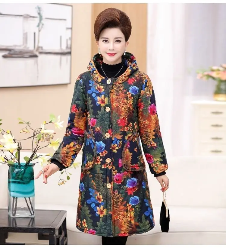 8 Blue Flower Vangull/женская зимняя куртка-парка с цветочным принтом; теплое длинное пальто с капюшоном; Новинка года; Повседневная Женская бархатная верхняя одежда; большие размеры 6XL - Цвет: 8 Blue Flower