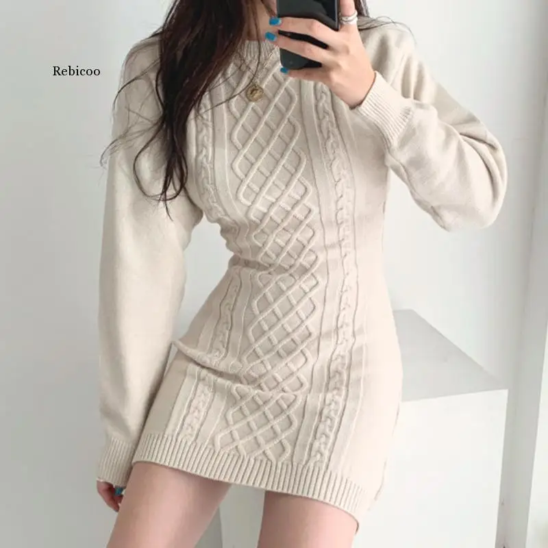 

Fashion Hollow Out Waist Sweater Dress Women Autumn Winter High Elastic Twist Knitted Dress Casual Mini Dress 3 Colors