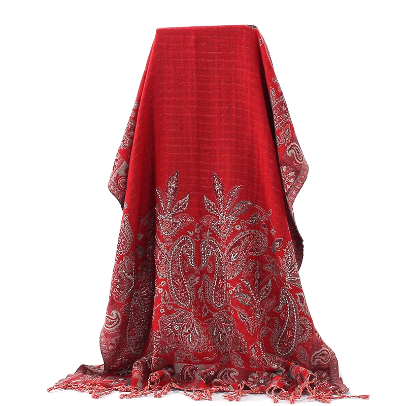

Young Lady Wrap Cashmere Blend Shawls Handmade Lace Oversize Women Pashmina Embroidery Beads Mujer Bufanda Cachecol Feminino