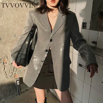 

China Sense of Design Sequins Loose Single Breasted Gray Blazers 2020 Spring New Fashion Korean Blazers Coat Women P030