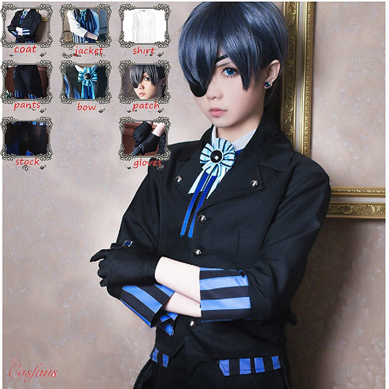 Мужской женский черный Батлер Косплей Kuroshitsuji Небесный Phantomhive Cos японская одежда карнавальный костюм костюмы со стандартным полным комплектом - изображение