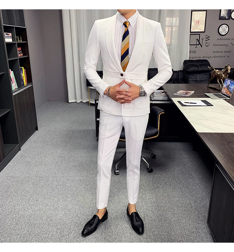Plyesxale черный, белый цвет Мужские свадебные костюмы Стильный Slim Fit для мужчин s сценические вечерние костюмы на выпускной костюм из двух частей Homme Mariage Q892