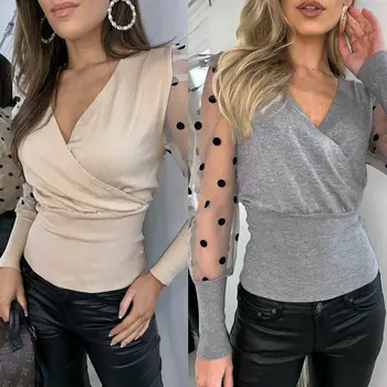 

Women V-Neck Mesh Polka Long Puff Sleeve Top Pullover Blouse Shirt Lady Knitting Dot Print Vintage Fashion Blouse Elegant Blusas
