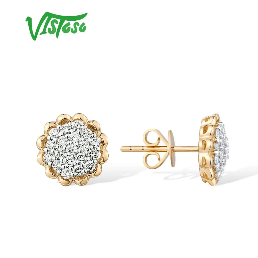 VISTOSO Gold Earrings For Women 14K 585 Yellow Gold Sparkling Diamond Dainty Sunflower Stud Earrings Fashion Trendy Fine Jewelry