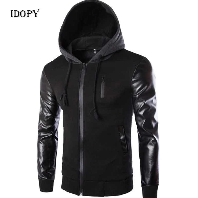 

Idopy Men`s Autumn Spring Sweatshirt With Leather Sleeves Zipper Up Rib Sleeves Drawstring Faux Leather Hooded Jacket Hoodie