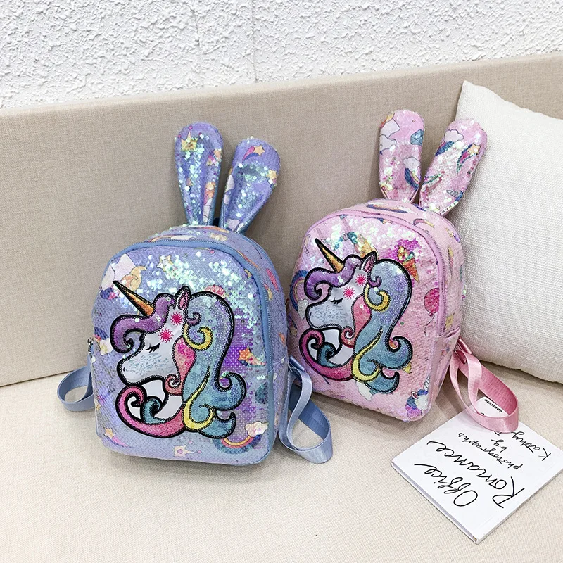 

Cute Unicorn Printed Backpack With Rabbit Ear Children Primary School Bag Backpack Kid Unicorn Sequin Double Shoulder Bag Easter