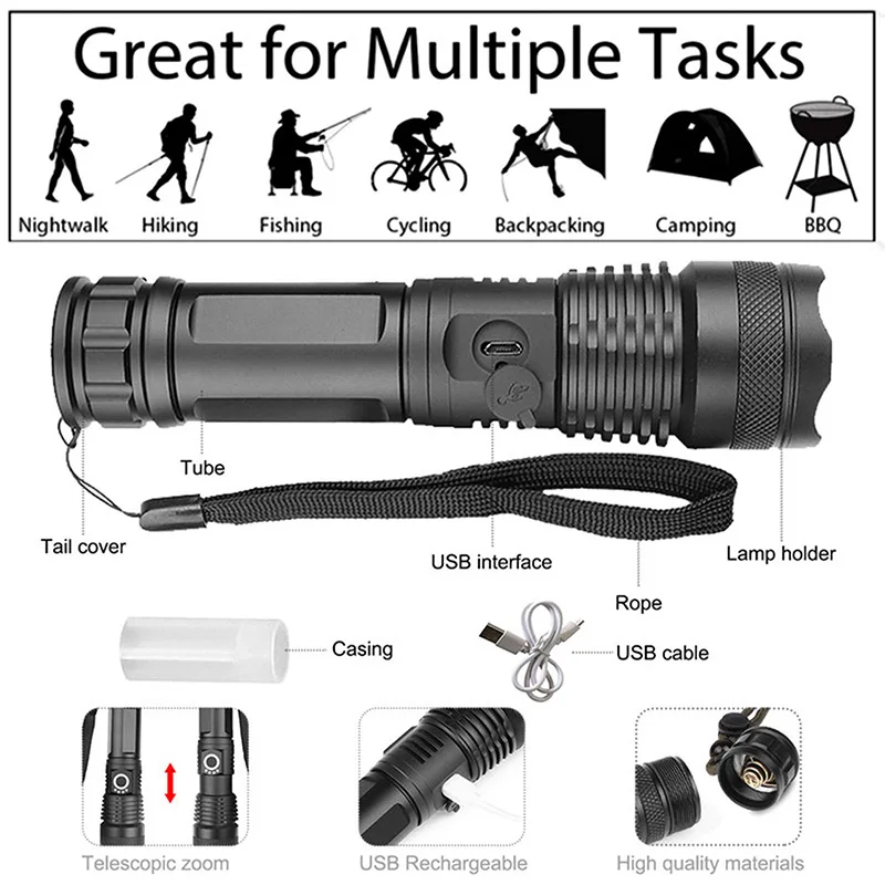 Powerful LED Tactical Flashlight CREE XHP50 USB Rechargeable Super Bright Waterproof Torch Light Zoom LED 5 Modes Lamp Outdoor