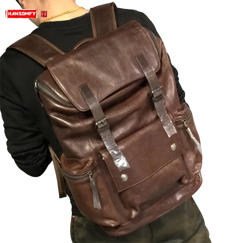 

2019 new Men student backpack fashion casual genuine leather men's 15.6 inch laptop bag first layer leather travel backpacks