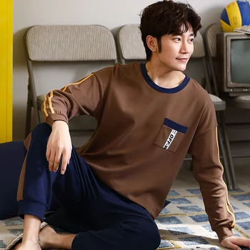

Brand Autumn Knitted Cotton Men's Pajamas Letter Striped Cartoon Pajama Sets Casual Masculine Pyjamas Plus Size L-3XL Pijama
