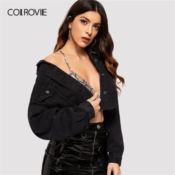 

COLROVIE Black Drop Shoulder Ripped Crop Denim Jacket Women 2019 Fall Streetwear Ladies Jackets Frayed Edge Solid Outerwear