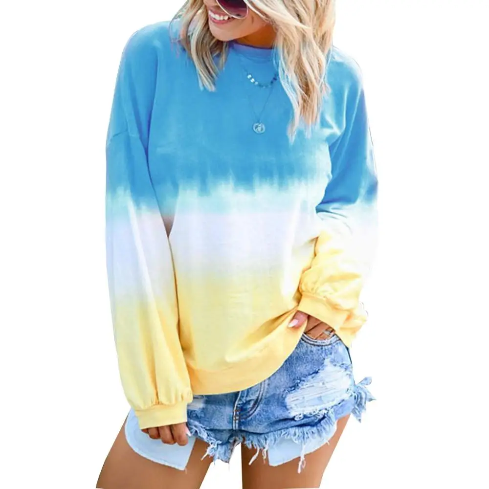 Women Shirts Long Sleeve Blouse Dyeing Color Pullover Tunic Top with Pocket Hoodie Sweatshirt Plus Size 5XL | Женская одежда