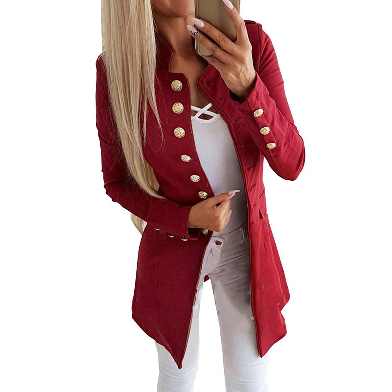 

2019 New Arrival Elegant Women Long Slim Jacket Single Button Pocket Outwear Full Sleeve Collarless Ladies Thin Coat Plus Size