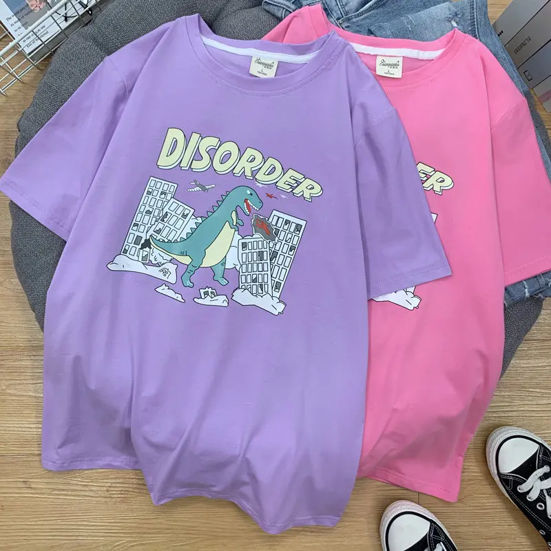 95% Cotton summer Ins Hot Plus Size women t-shirts harajuku Korean Streetwear couple clothes dinosaur short Tops japanese D03