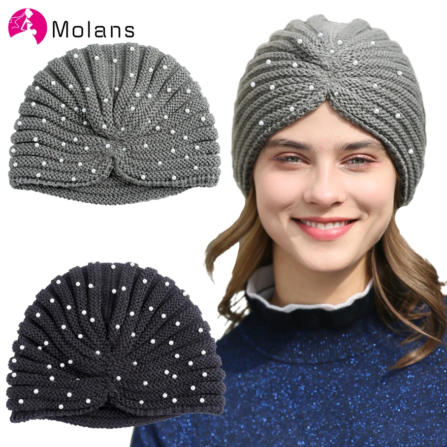 

MOLANS Pearls Ruched Turban Hat Winter Ear Warmer Knitted Solid Bandanas Caps Knitting Handmade Head Wrap Caps Head Bands