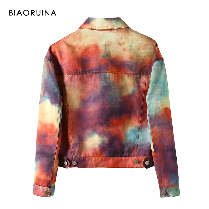 Most effective  BIAORUINA Women's Colorful Ink Printing Denim Jacket Coat Female Single Breasted Straight Coat Turn