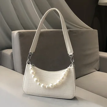 

Fashion Women Shoulder Bag Pearl Decoration Female Handbag Unique Ladies Youth Solid Color Single Shoulder Bag Stone Pattern