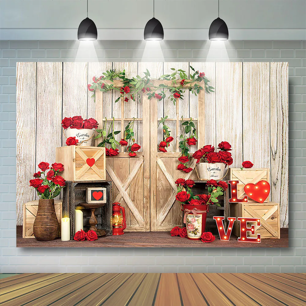 

Valentine's Day Backdrop Kids Adult Photocall Props Rose Flower Wooden Door Lover Banner Box Spring Vase Child Baby Photostudio