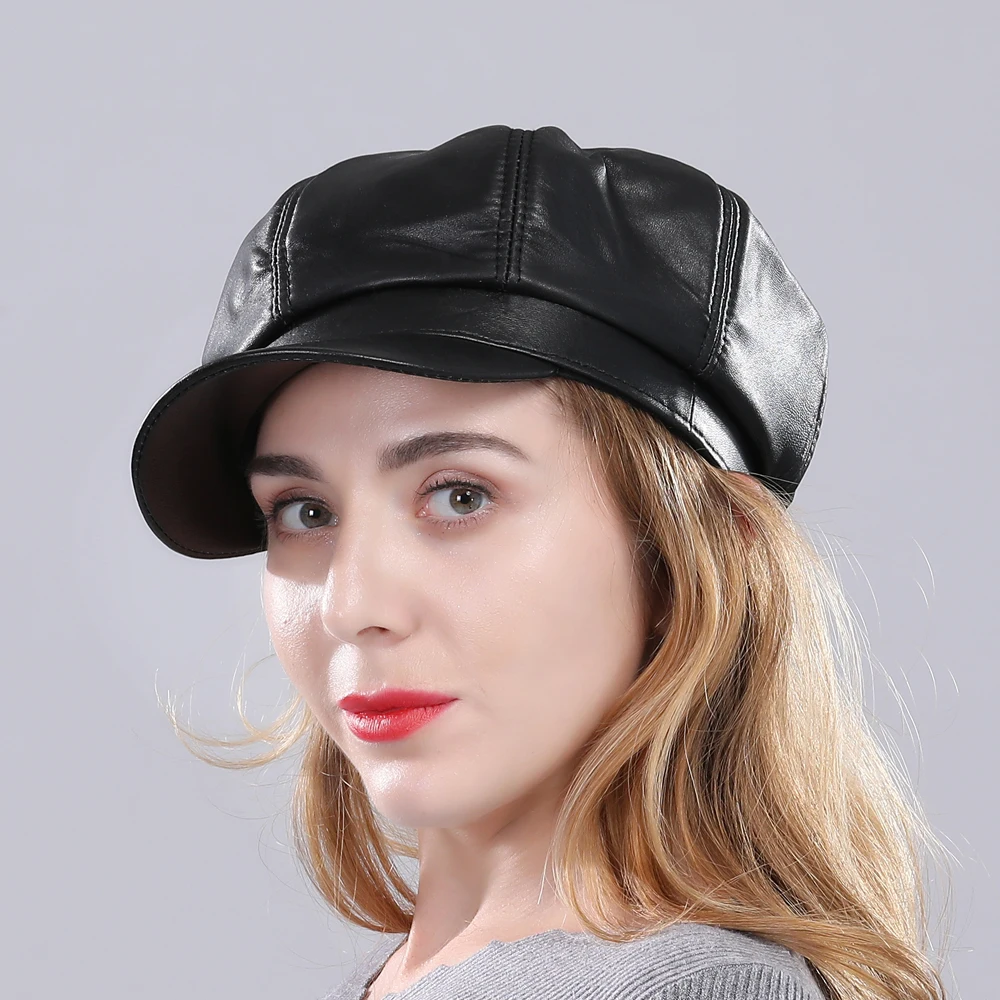 New Arrival Autumn Winter Women's Hat Genuine Leather Newsboy Caps Elegant Sheepskin Tongue Cap Cuero Genuino Sombrero