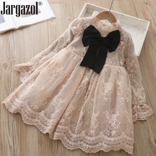 Модное зимнее платье для девочек с черным бантом; бальное платье принцессы с длинными рукавами бежевого цвета; стиль; вечерние платья; одежда для свадьбы