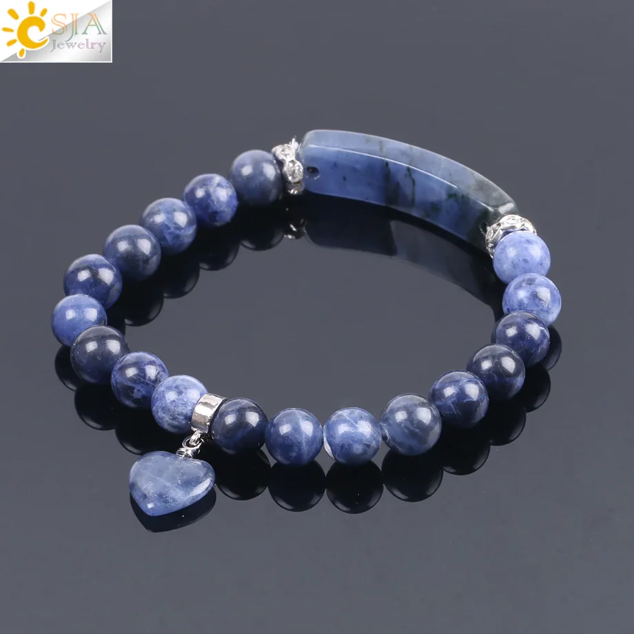 CSJA Natural Stone Sodalite Bracelets for Women Men Love Heart Blue White Dot Beads Stretch Healing Buddhist Prayer Bangles F109