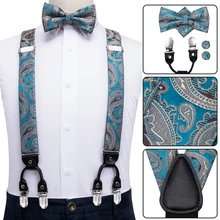 BD-3029 Hi-Tie Шелковый Взрослый мужской подтяжки галстук бабочка набор кожаный металлический 6 зажимы подтяжек модные синие эластичные подтяжки для мужчин