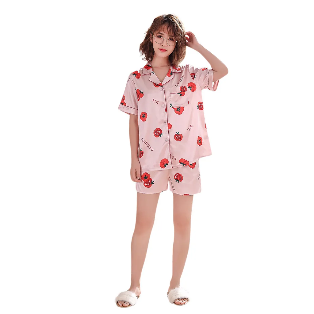 Женский пижамный комплект с томатным принтом на бретельках с v-образным вырезом и коротким рукавом, Сексуальное Женское ночное белье
