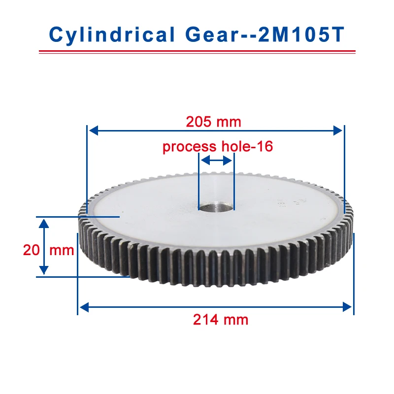 

1piece 2M105T spur gear teeth outer diameter 214mm cylindrical gear process hole 16mm flat gear 45#carbon steel total height 20m