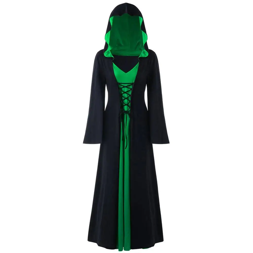 Костюмы на Хэллоуин для женщин, для женщин, для девушек, ведьма, учительницы, на шнуровке, Макси-платье размера плюс, пэчворк, с длинным рукавом, с капюшоном, платье s17 - Цвет: Зеленый