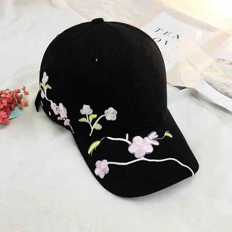 JK Korean Flower Embroidery Baseball Caps Women Girl Cute Plum Outdoor Long Brim Sun Visor Hats Cotton Adjustable Sports Cap - Image 3