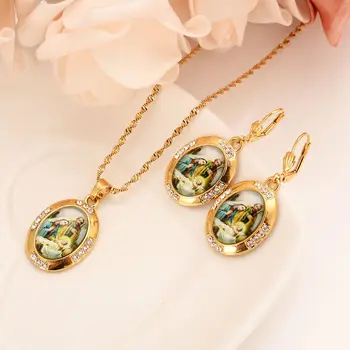 

Mother Virgin Mary Necklace & Earrings Pendant Set 14 K Fine Gold GF Catholic Religious crystalJewelry Set Christmas Gift