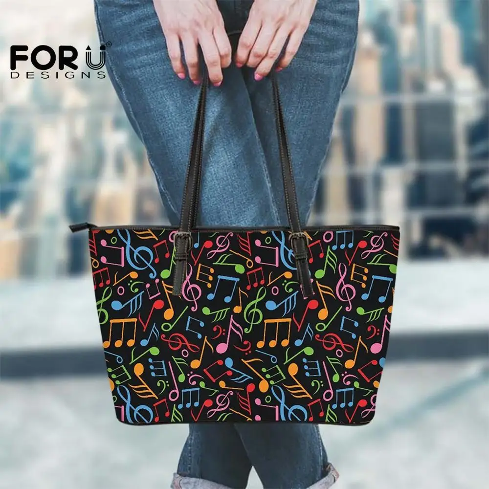 

FORUDESIGNS Elegant Female Leather Tote Bags Retro Vintage Music Notes Seamless Print Ladies Shoulder-Bag Large Capacity Totebag