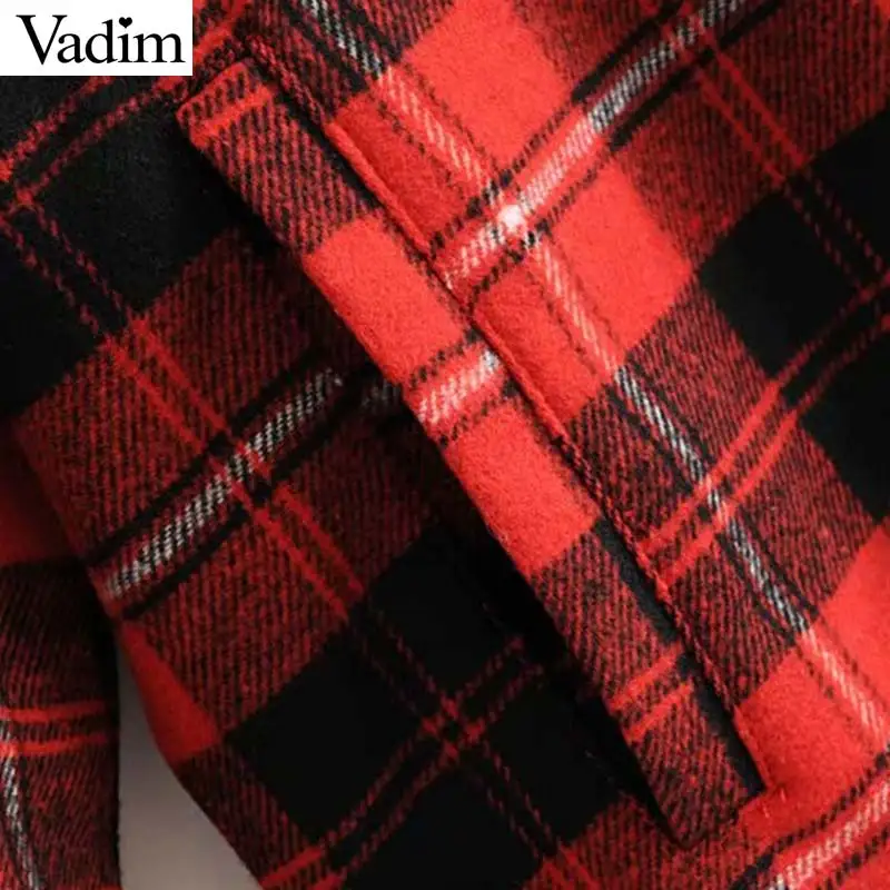 Vadim Женская клетчатая негабаритная красная куртка клетчатые карманы свободный стиль длинный рукав теплый жакет Женская верхняя одежда Стильные топы CA561