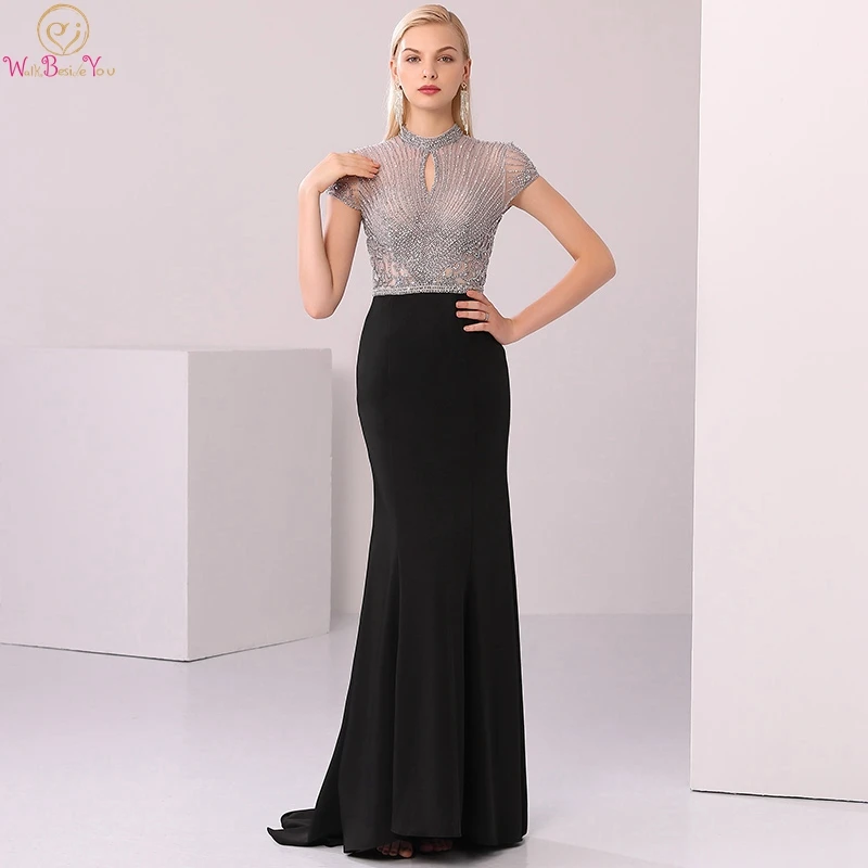 

Black Luxurious Beading Crystal Mermaid Evening Dresses 2019 High Neck Short Sleeves Formal Party Sexy Long Gowns robe de soiree