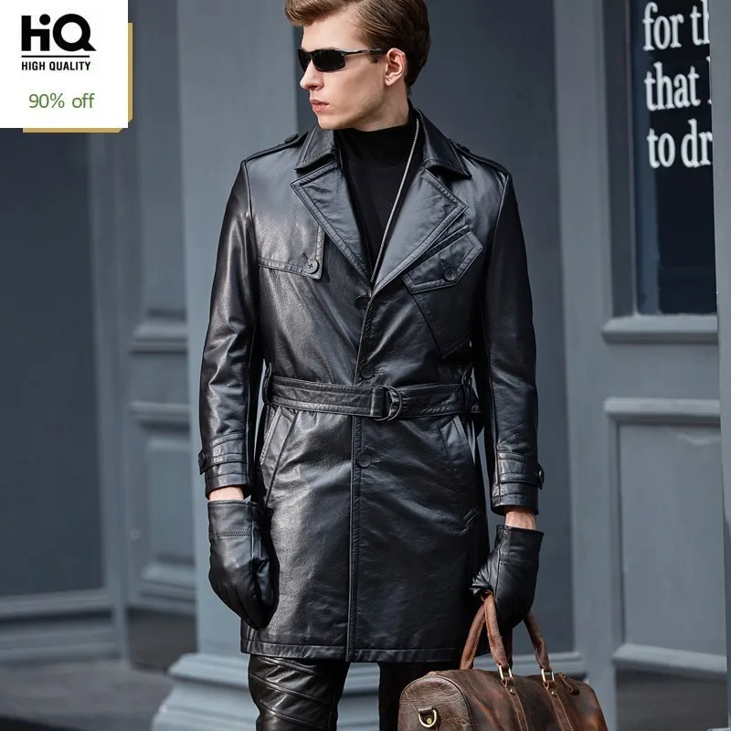 

2020 New Fashion Men Cow Leather Jackets Windbreaker Black Sashes Belt Genuine Leather Long Coats Autumn Slim Fit Cowskin Trench