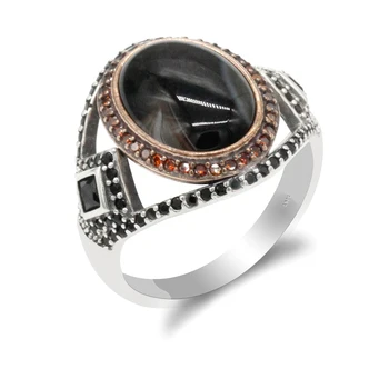 

925 Sterling Silver Agate Men Ring Oval Natural Stone with CZ Vintage Rings Hollow Design for Male Women Antique Silver Jewelry