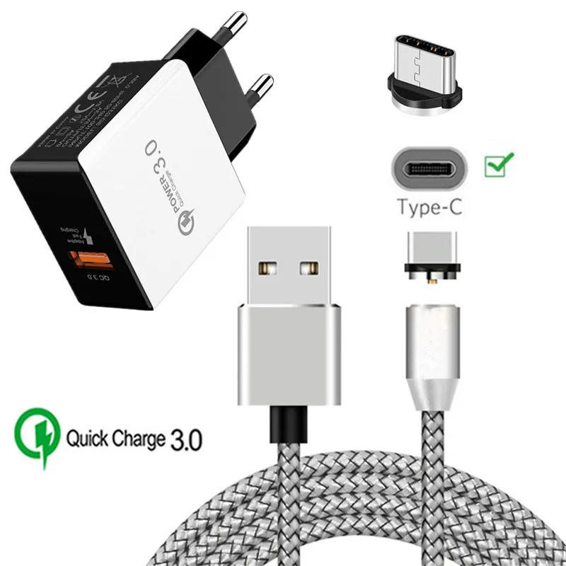 Magnetic USB Cable QC 3.0 Fast Charger Type C Magnet Charge Wire for Samsung S8 S9 S10 A50 Sony Xperia 10 Plus XA1 XA2 XZ3 LG G6 - Тип штекера: EU charger and cable