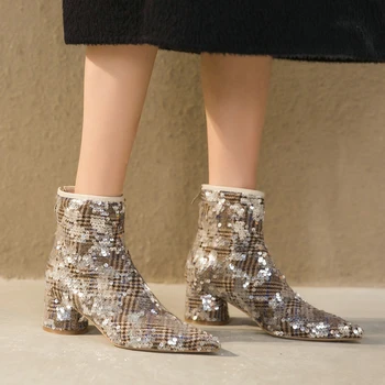 

EshtonShero Shoes Woman Women Ankle Boots Square Med Heels Platform Bling Leather Sexy Ladies Motorcycle Sock Boots Size 3-9