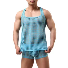Летний мужской сексуальный модный пижамный комплект рыболовная сетка полый дышащий жилет плотное Прозрачное нижнее белье