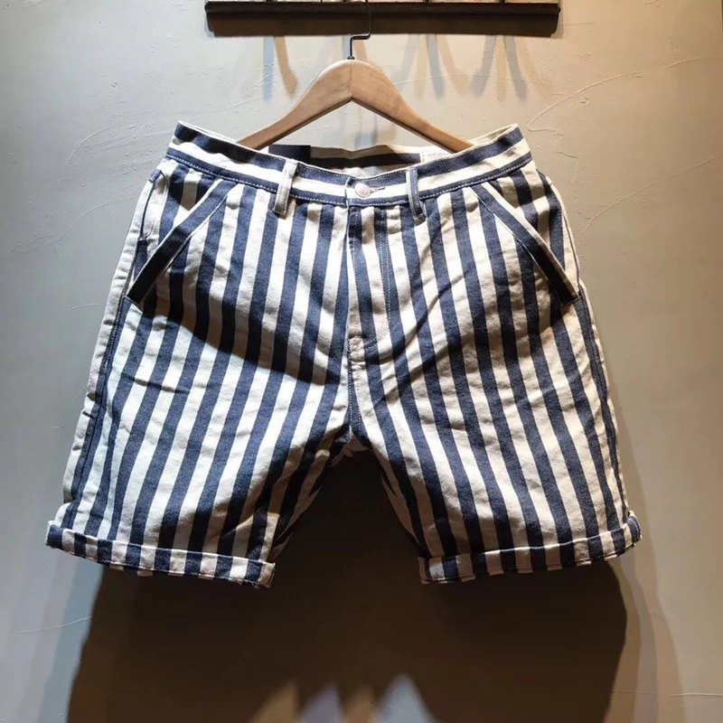Casual Shorts Male Striped Mens Summer Fashion-Brand Slim-Fit Navy-Style Straight Cotton