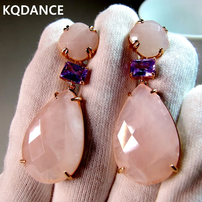 KQDANCE Pink Rose Quartz Amethyst Drop Earrings With Big Stone Sterling Silver 925 Needle Gold Plated Jewelry For Women Gifts yoni eggs massage healing stone natural quartz exercise eggs multiple sizes for women muscle training safer and healthier 1pcs