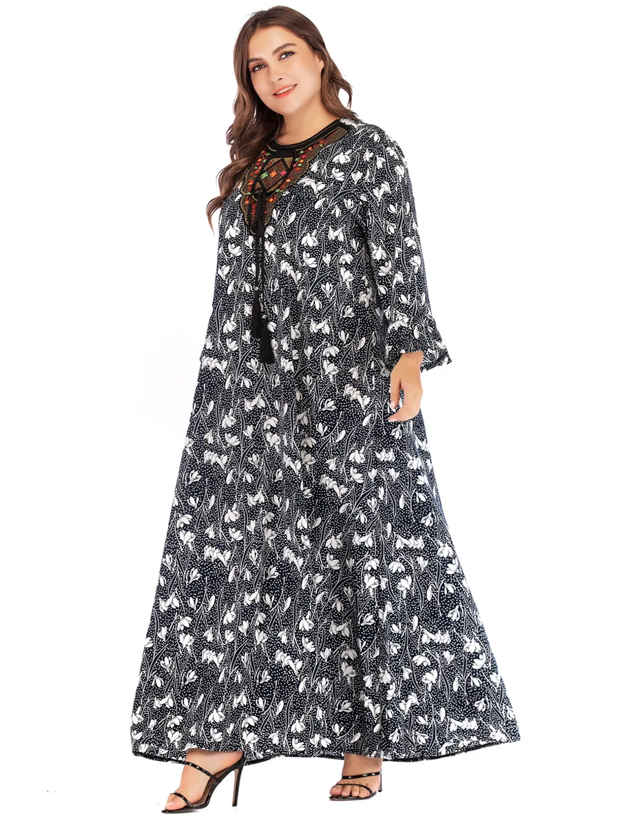 Свободные женские мусульманские платья макси с круглым вырезом и вышивкой, абайя с длинным рукавом, Дубаи, турецкие платья, туника, Исламская одежда