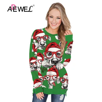 

ADEWEL Women Sweatshirt Red Green Ugly Christmas Cartoon Print Streetwear O-neck Long Sleeve Breathable Oversize Pullovers