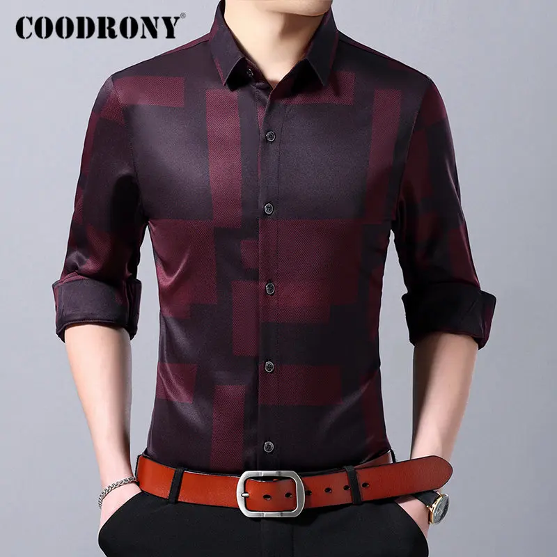 Красный Бренд COODRONY, мужская рубашка, деловые повседневные рубашки, рубашка с длинным рукавом, Мужская одежда, уличная мода, узор, Camisa Masculina 96107 - Цвет: Красный