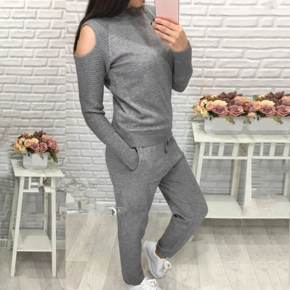 Sfit Women sweater suits diamond knitted suit open shoulder sleeve jumper tops and pants women two piece sets Ladies Casual Suit