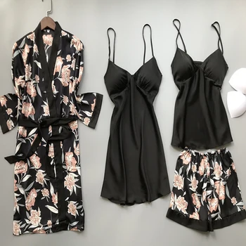 

Pajamas For Women Pajama Set 4pcs Sexy Sleepwear Silk V-Neck Satin Pyjamas Sexy Lace Pijama Nightwear Chest Pad Nightie New