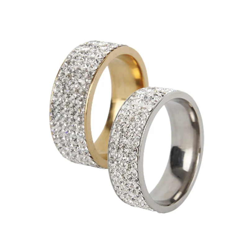 Womens Ring 8mm Vintage Retro Style Steel Ring For Women 5 Row Clear Crystal Jewelry Fashion Stainless Steel Engagement Wedding