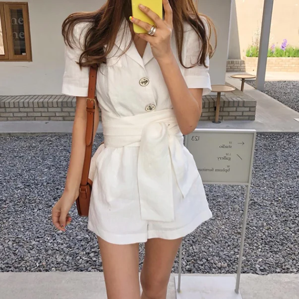 summer Women Solid color Turn down collar Short Sleeve Buttons overalls elegant Bandage Cotton Linen Jumpsuits AQ332