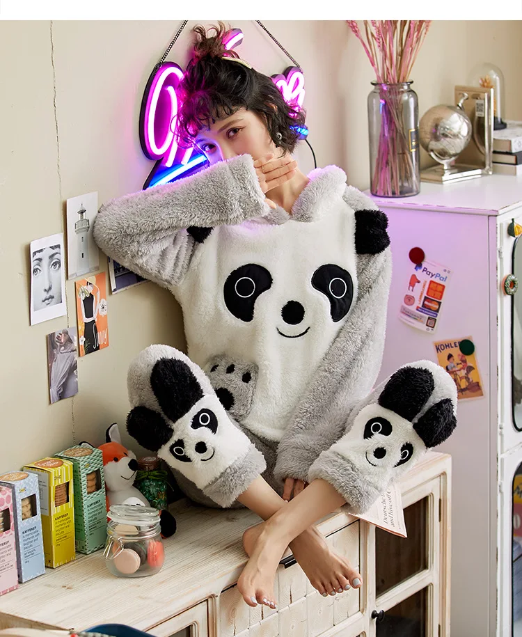 Autumn Winter Womens Pajama Set Thickened Flannel Pajamas Sets Long Sleeve Cartoon Sleepwear Home Wear for Girls Pj Set Pyjams